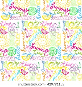 Hand drawn pattern. Color summer vector pattern. Pattern summer background. Sun, cherry, orange, strawberry, sneakers vector. Vector illustration.