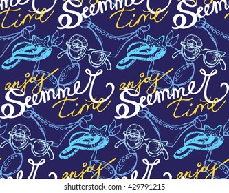 Hand drawn pattern. Color summer vector pattern. Pattern summer background. Hat, swimsuit, sunglasses, shell.Vector illustration.