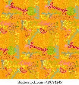 Hand drawn pattern. Color summer vector pattern. Pattern summer background. Sun, cherry, orange, strawberry, sneakers vector. Vector illustration.