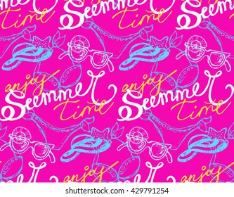 Hand drawn pattern. Color summer vector pattern. Pattern summer background. Hat, swimsuit, sunglasses, shell.Vector illustration.