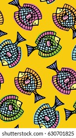 Hand drawn pattern with colorful fish . Doodles