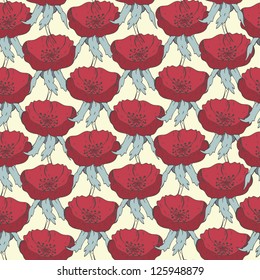 hand drawn pattern with colorful red poppies
