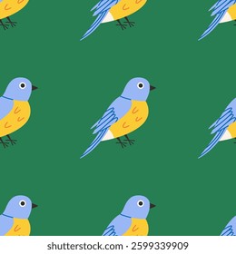 Hand drawn pattern with colourful birds. Seamless texture with different birds. Cute nature illustration background.