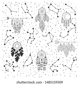Hand drawn pattern with constellations, Scandinavian dream catchers in the star sky. Zodiac signs. Vector isolated galaxy illustration.