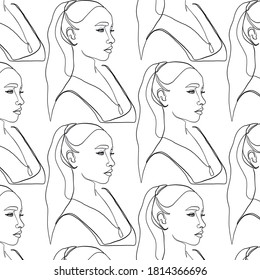 Hand drawn pattern continuous line woman portrait. Minimalism faces. Wallpaper design. 