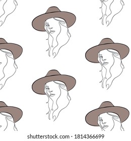 Hand drawn pattern continuous line woman portrait. Minimalism faces. Wallpaper design. 