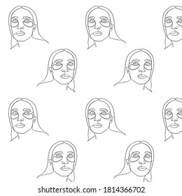 Hand drawn pattern continuous line woman portrait. Minimalism faces. Wallpaper design. 