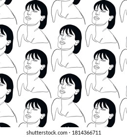 Hand drawn pattern continuous line woman portrait. Minimalism faces. Wallpaper design. 