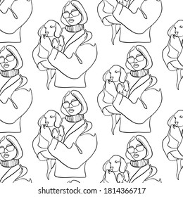 Hand drawn pattern continuous line woman portrait. Minimalism faces. Wallpaper design. 