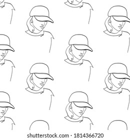 Hand drawn pattern continuous line woman portrait. Minimalism faces. Wallpaper design. 