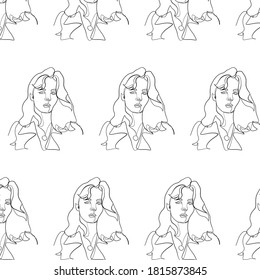 Hand drawn pattern continuous line woman portrait. Minimalism faces. Wallpaper design. 