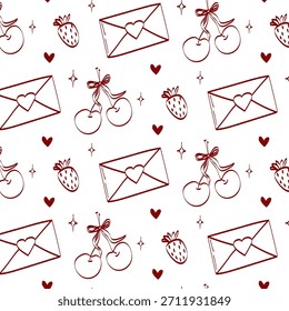 Hand drawn pattern coquette aesthetics elements. Vintage cute symbols with ribbon and bow in simple crayon style. Trendy art for Valentine's day and wedding invitations. Outline seamless pattern.