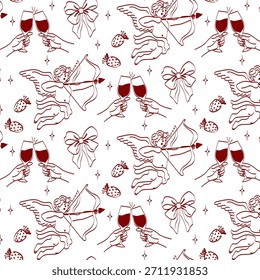 Handgezeichnete Muster Coquette Ästhetik Elemente. Vintage niedliche Symbole mit Band und Schleife in einfachen Stilelementen. Trendkunst für Valentinstag und Hochzeitseinladungen. Nahtloses Muster umreißen.