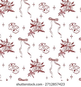 Elementos estéticos de coquette padrão desenhado à mão. Vintage bonitos símbolos com fita e arco em estilo de giz de cera simples. Arte da moda para o dia dos namorados e convites de casamento. Contornar padrão perfeito.