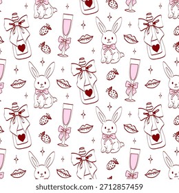 Hand drawn pattern coquette aesthetics elements. Vintage cute symbols with ribbon and bow in simple crayon style. Trendy art for Valentine's day and wedding invitations. Outline seamless pattern.