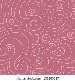 Hand drawn pattern of cream swirls and curves on a dusty rose pink background.