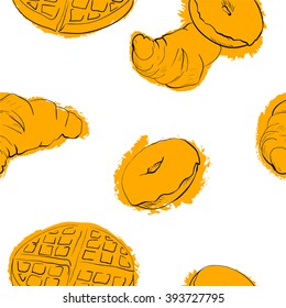 Hand drawn pattern of croissant , donuts and  waffle isolated on white background. Vector illustration.
