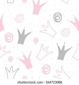 Hand drawn pattern with crown. Doodle design Little princess.