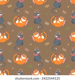 Hand drawn pattern with cupid cats  for valentine's day on brown background. Vector typography design. Wrapping paper design. Cartoon style.