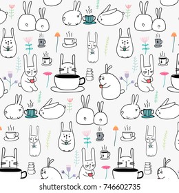 Hand Drawn Pattern Cute Bunny With Coffee And Flower. 
