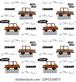 Hand drawn pattern with cute car on route in cartoon style. For fabric, textile, postcard, apparel or kids room design . Vector cars in Scandinavian style. EPS 10