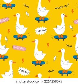 Hand drawn pattern with cute cartoon goose, skate. Illustration in hand drawn style for kids clothing, textiles, children's room design. Vector illustration Seamless pattern.