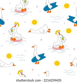 Hand drawn pattern with cute cartoon goose, sun, sea. Illustration in hand drawn style for kids clothing, textiles, children's room design. Vector illustration Seamless pattern.