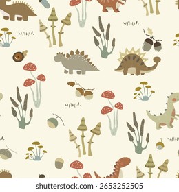 Padrão desenhado à mão com bonito mundo de dino, animais e cogumelos da natureza do desenho animado, pontos, bolotas. Ilustração vetorial com animais desenhados à mão, padrão de queda.