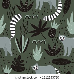 Hand drawn pattern with cute Lemur. Fresh Summer print for decor. seamless pattern