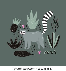 Hand drawn pattern with cute Lemur. Fresh Summer print for decor