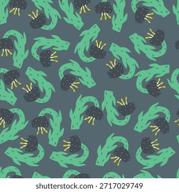 Hand drawn pattern with dark blue flowers, leaves and dots on blue background. Vector floral illustration.