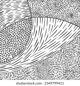 Hand drawn pattern of dashed lines, dots, small circles black and white, Abstract background inspired by indigenous aboriginal art and impressionism