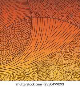 Hand drawn pattern of dashed lines, dots, small circles brown on yellow orange gradient, Abstract background inspired by indigenous aboriginal art and impressionism