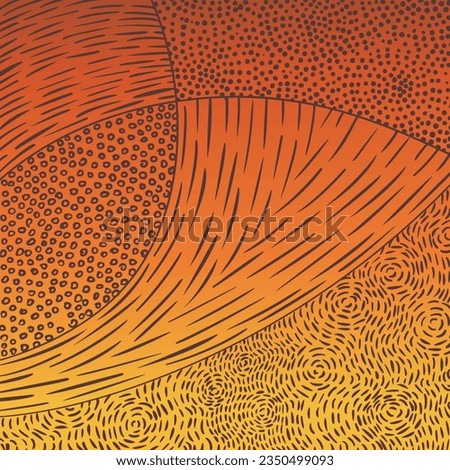 Hand drawn pattern of dashed lines, dots, small circles brown on yellow orange gradient, Abstract background inspired by indigenous aboriginal art and impressionism