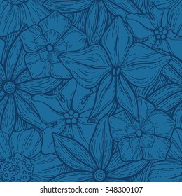 Hand drawn pattern with decorative floral ornament. Stylized colorful flowers. Summer spring neutral background. Vector illustration