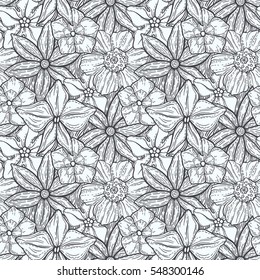 Hand drawn pattern with decorative floral ornament. Stylized colorful flowers. Summer spring neutral background. Vector illustration