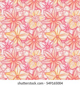 Hand drawn pattern with decorative floral ornament. Stylized colorful flowers. Summer spring neutral background. Vector illustration
