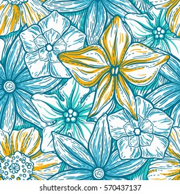 Hand drawn pattern with decorative floral ornament. Stylized colorful flowers. Summer spring neutral background. Vector illustration