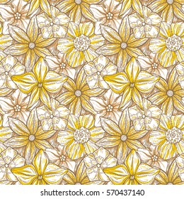Hand drawn pattern with decorative floral ornament. Stylized colorful flowers. Summer spring neutral background. Vector illustration