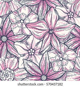 Hand drawn pattern with decorative floral ornament. Stylized colorful flowers. Summer spring neutral background. Vector illustration
