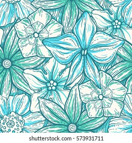 Hand drawn pattern with decorative floral ornament. Stylized colorful flowers. Summer spring neutral background. Vector illustration