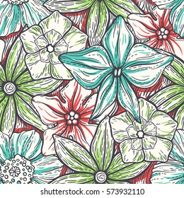 Hand drawn pattern with decorative floral ornament. Stylized colorful flowers. Summer spring neutral background. Vector illustration