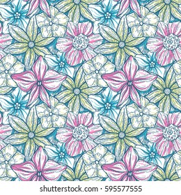 Hand drawn pattern with decorative floral ornament. Stylized colorful flowers. Summer spring neutral background. Vector illustration