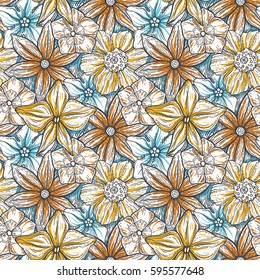 Hand drawn pattern with decorative floral ornament. Stylized colorful flowers. Summer spring neutral background. Vector illustration