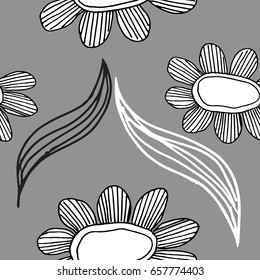Hand drawn pattern with decorative floral ornament. Stylized graphic black and white flowers and leaves. Summer spring neutral background. Vector illustration