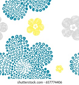 Hand drawn pattern with decorative floral ornament. Stylized colorful flowers witch dots. Summer spring neutral background. Vector illustration blue and yellow.