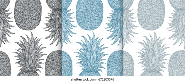 Hand drawn pattern with decorative pineapple. Stylized colorful fruit. Summer spring background, nature collection. Vector illustration