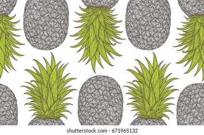 Hand drawn pattern with decorative pineapple. Stylized colorful fruit. Summer spring background, nature collection. Vector illustration