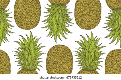 Hand drawn pattern with decorative pineapple. Stylized colorful fruit. Summer spring background, nature collection. Vector illustration