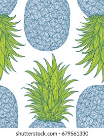 Hand drawn pattern with decorative pineapple. Stylized colorful fruit. Summer spring background, nature collection. Vector illustration